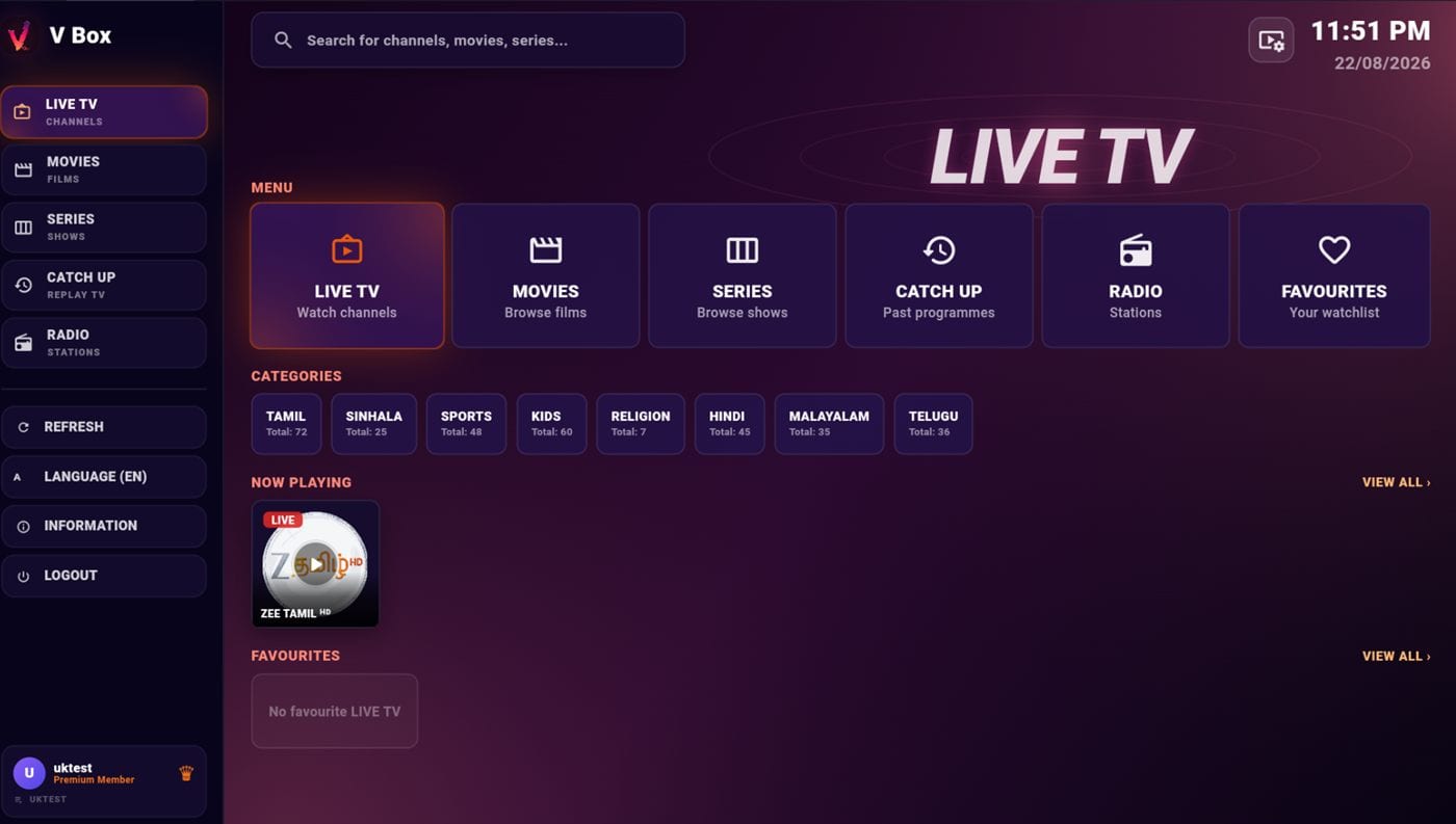 VBox TV app Live TV screen